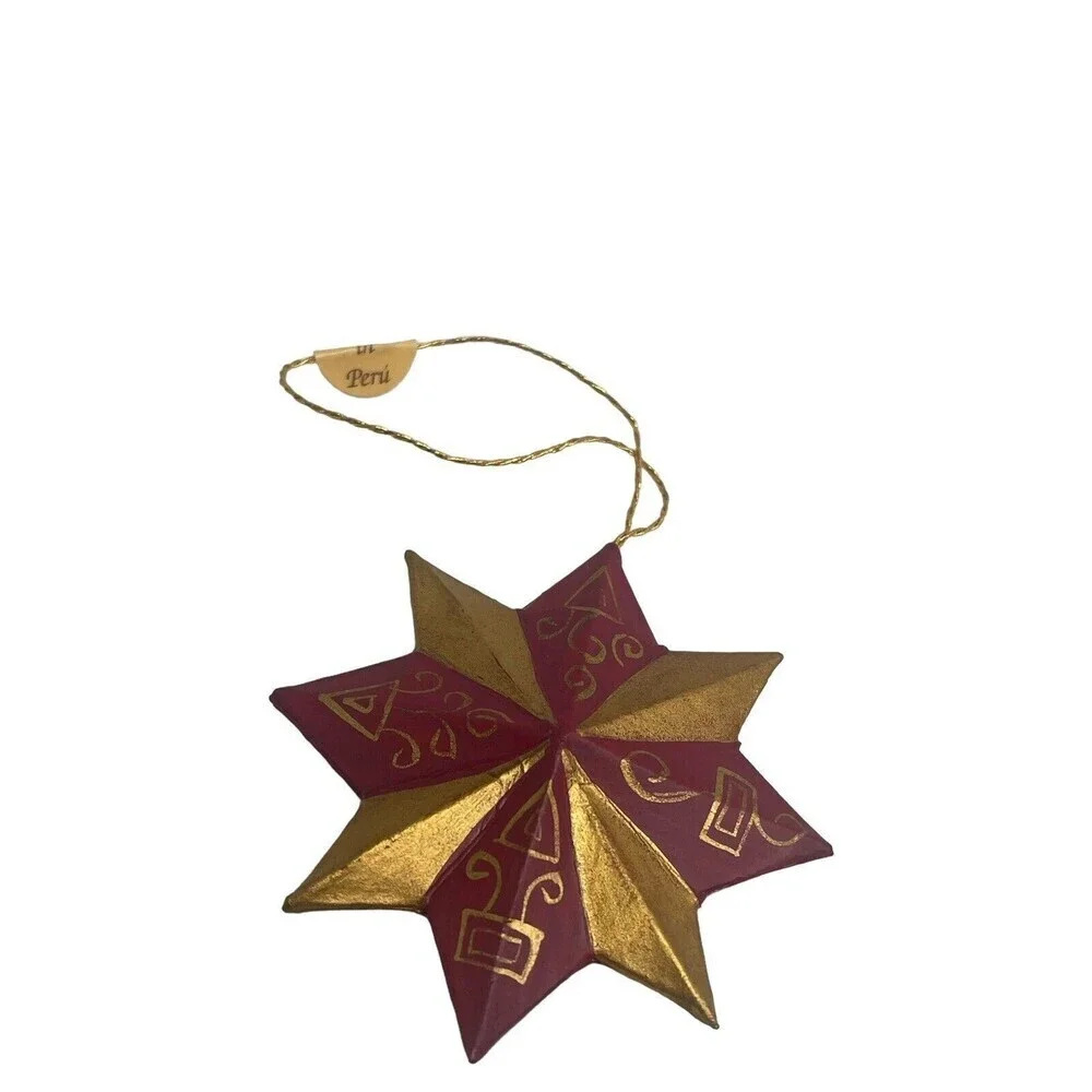 Christmas Star Ornament Gold Red 2” Made In Peru